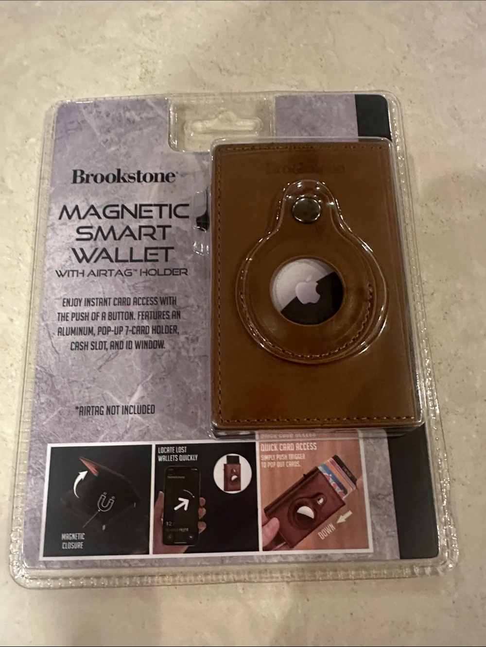 New in Package Brookstone Magnetic Smart Wallet with Air Tag Holder - Brown